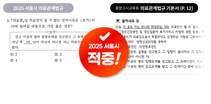 2025 서울시 의료관계법규 의료인이 될 수 없는 결격사유 문제, 중앙고시교육원 의료관계법규 기본서 12페이지 출제 포인트 적중
