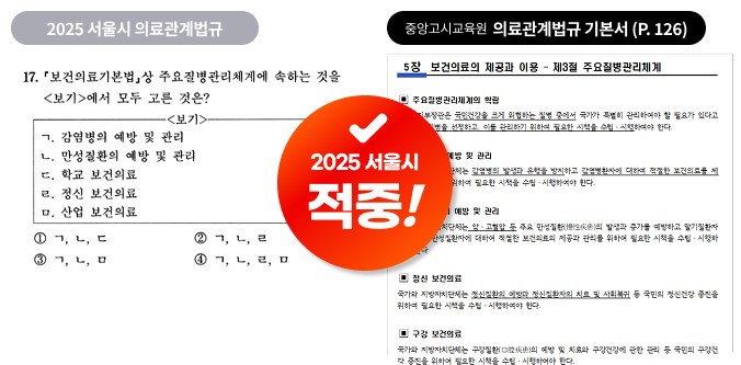 2025 서울시 의료관계법규 보건의료기본법상 주요질병관리체계에 속하는 항목 문제, 중앙고시교육원 의료관계법규 기본서 126페이지 출제 포인트 적중